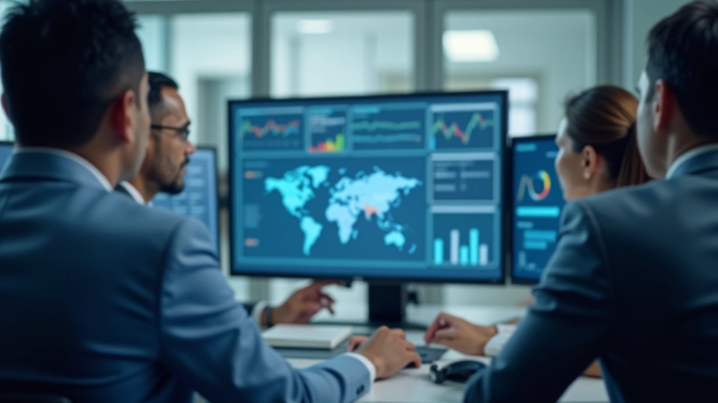 Business professionals reviewing sector performance data on multiple screens in a modern office environment
