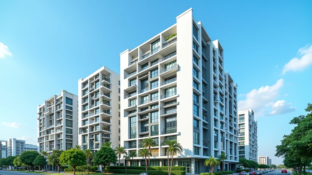 Modern residential apartment building with contemporary architecture photographed from ground level against blue sky