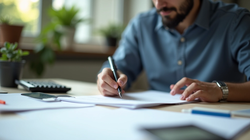 Person writing down financial goals and risk assessment notes in planning journal with pen and calculator nearby