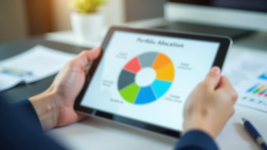 Portfolio allocation pie chart displayed on tablet showing balanced distribution across different investment categories